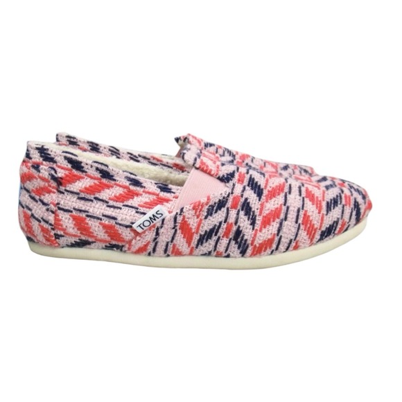 Toms Shoes - TOMS Alpargata Pink Red Navy Herringbone Woven Faux Shearling Lined Flats Shoes